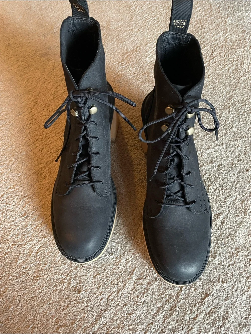 Sorel Black Leather Lace-Up Ankle Boots with Tan Lug Heel